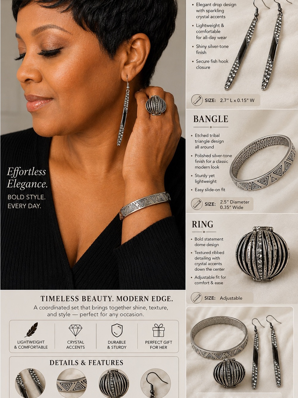 3pcs Silver-Tone Women's Jewelry Set - Bangle, Ring & Drop Earrings